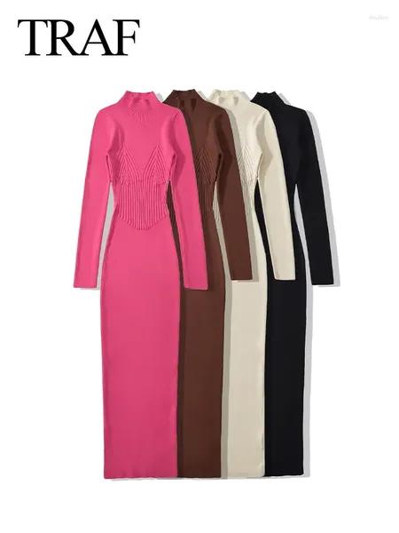 Casual Dresses 2023 Female Vintage Knitting Solid Half High Collar Long Sleeves Women's Fashion Autumn Sheath Dress