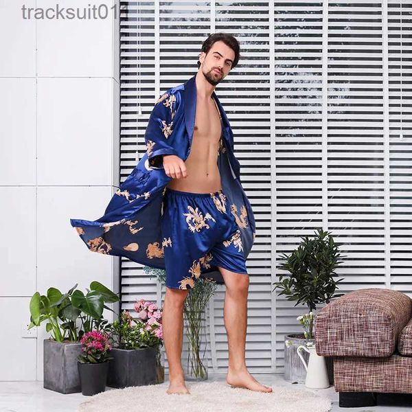 Vestaglie da uomo Uomo Rob Set Kimono Indumenti da notte Veste Cinture elastiche Abito in due pezzi Draghi cinesi Pigiama di seta da uomo Abito con pantaloncini Camicie da notte da uomo L231130