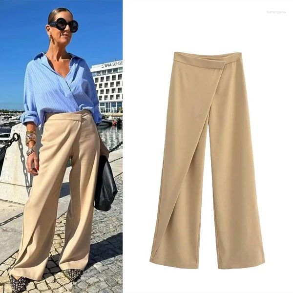 Damenhosen 2024 Pareo Hose für Frauen Mode Khaki Hohe Taille Breite Beinhose Frau Vintage Front Wrap Side Zip Streetwear