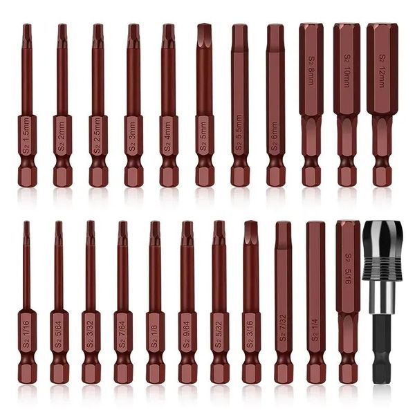 Schroevendraaier 23-teiliges Schraubenschlüssel-Bohrer-Bit, rot beschichtet, metrisches imperiales Sechskant-Bit-Set, 60 mm langer Sechskantschlüssel, S2-Stahl, magnetische Sechskant-Schraubendreher-Bits