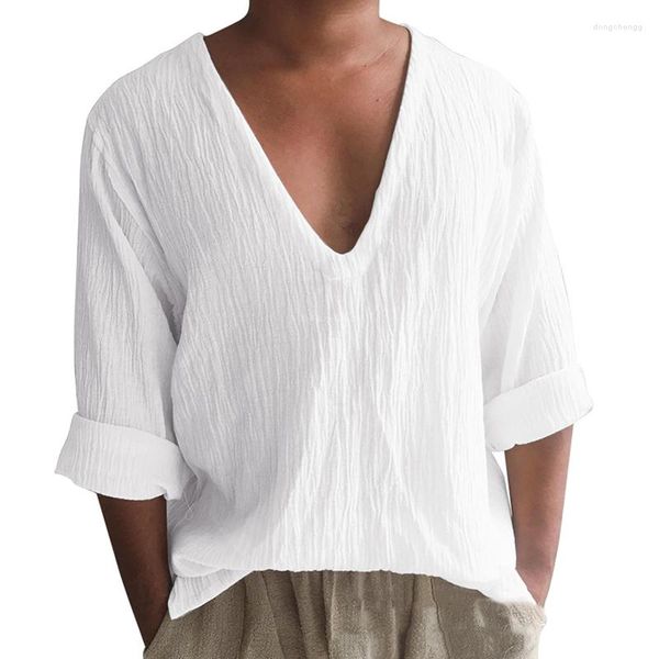 Camisetas masculinas de linho de algodão vintage camisa de manga longa verão v pesco