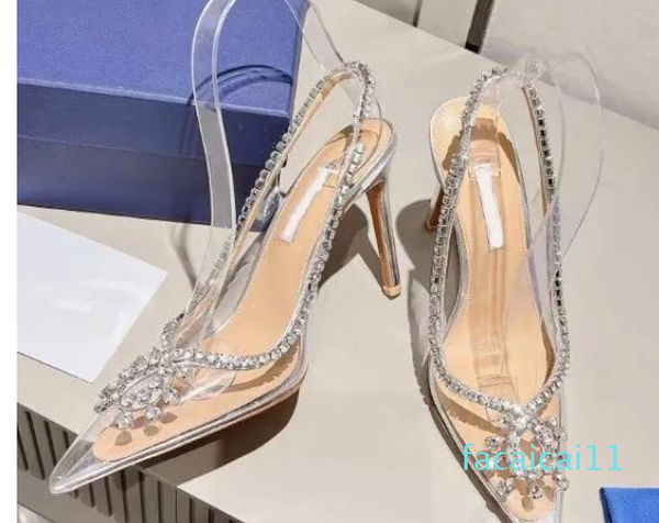 Sandálias de salto alto com corrente de diamante transparente, cola de vidro pvc escavada, jantes de diamante, sapatos femininos de cristal alto