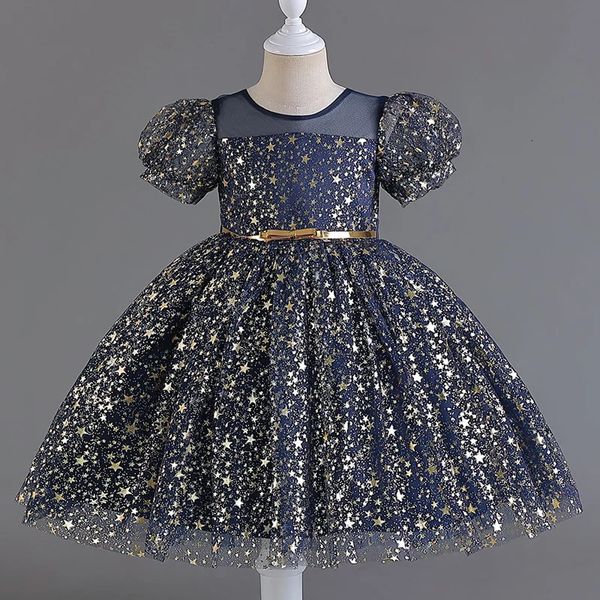 Mädchen Kleider Kinder Prinzessin Kleid Metallic-Stil Persönlichkeit gedruckt Gürtel Puffärmel Rock Gaze Peng Party M7603 231130