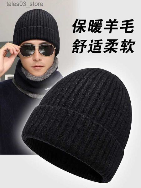 Beanie/Totenkopfkappen InlnDtor Wollmischung aus Wollmischung für Männer Winter warme schwarze Strickmütze einzelner verdickter Brötchenkopf Gehörschutzmütze Routing Cat Q231130