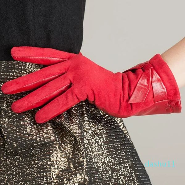 Оптово-Модные женские перчатки Наппа Замшевые кожаные перчатки с флисовой подкладкой Элегантные варежки с бантом на запястье Зимние женские