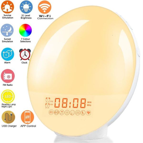 Orologi da tavolo da scrivania Smart WIFI Luce notturna Sveglia digitale Sveglia per giorni lavorativi Alba Tramonto Vita Controllo APP Niditon 2302172561