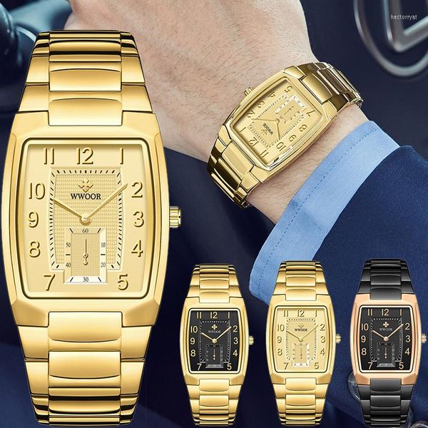 Wristwatches wwoor 2023 Erkekler İzler Üst kare iş sporu altın erkek kol saati su geçirmez altın paslanmaz çelik saat