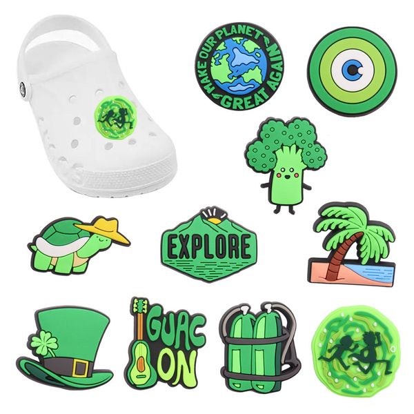 MOQ 20 Pezzi PVC Occhiali Verdi Cappello Terra Tartaruga Broccoli Esplora Decorazione Scarpe Fascino Fibbia Accessori Perni Zoccolo Bottoni Decorazioni per Fasce Bracciali