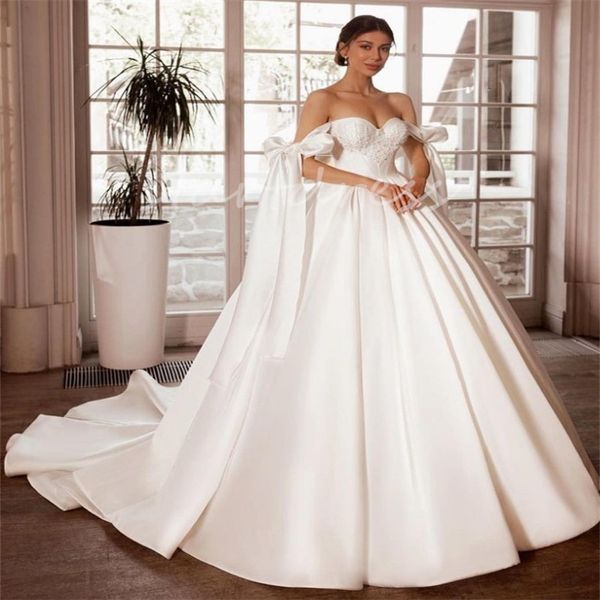 Elegante abito da ballo principessa abito da sposa con perle Sweetheart morbido raso Sweep Train abito da sposa stile country Boho in rilievo Viestios De Novia Robe De Mariage 2024