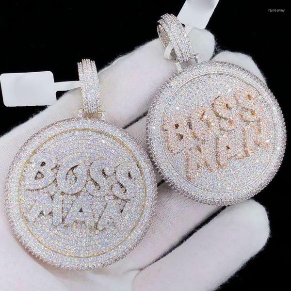 Girocollo bicolore placcato in oro rosa geometrico a forma rotonda completamente pavimentato 5A cubic zirconia CZ BossMan collana con ciondolo da uomo hip-hop