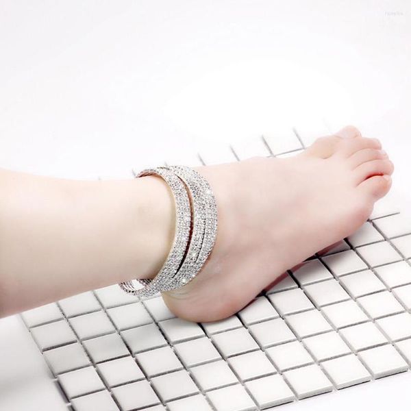 Fußkettchen 2023 Mode Silber Farbe Stretchy 1/2/3/4/5 Reihen Armband Fußkettchen Fußkette Strass Fuß Schmuck Kristall Geschenk