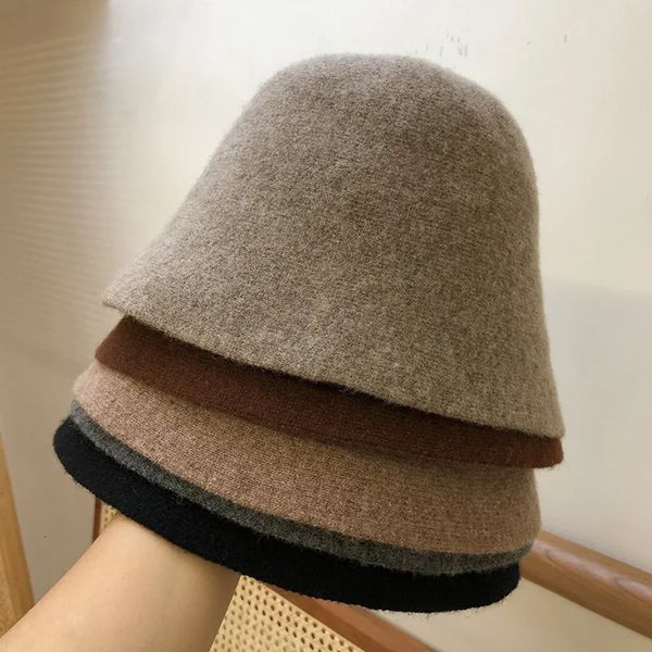 Geniş Memlu Şapkalar Kova Şapkaları Japon gerçek yün sıcak kova şapkası Kadınlar için Retro Dome Yün Şapka Kadın Moda İngiliz Tarzı Panama Cap 231130