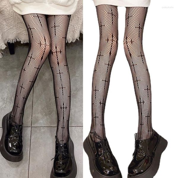 Damensocken Dark Gothic Netzstrumpfhose Harajuku Lolita Anime Kreuz Jacquard gemustert schiere Tattoo Strumpfhosen Mesh F3MD