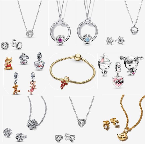 Designer-Halskette aus 925er Silber für Damen, goldenes Charm-Armband, Weihnachtsfest, Schmuck, Geschenk, DIY, passend für Pandoras Herz-zu-Herz-Halskette, Ohrringe, Set mit Originalverpackung