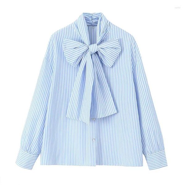 Женские блузки, лето 2023, повседневная свободная однобортная рубашка с лацканами в полоску и бантом, синяя рубашка, короткая блузка с длинными рукавами