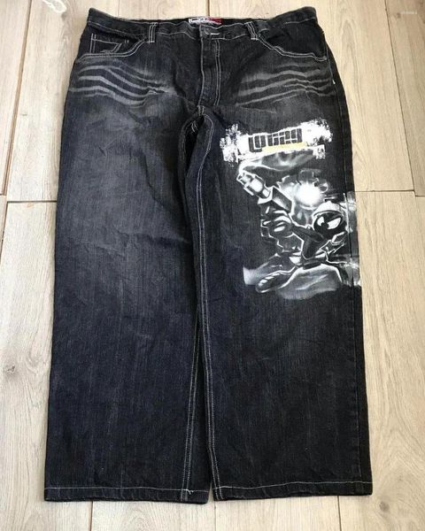 Jeans da donna High Street Retro Cartoon Print Americano a vita bassa Nero Harajuku Punk Pantaloni dritti a gamba larga Uomini e donne Coppie