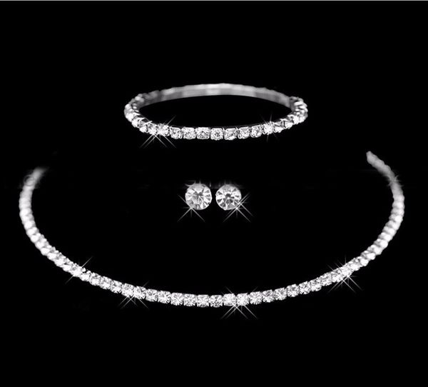 Conjuntos de joias de casamento, cristal de noiva, strass, pulseira, brincos e colar, conjuntos de joias coreanas para mulheres, moda, meninas, presente de joias CL2938