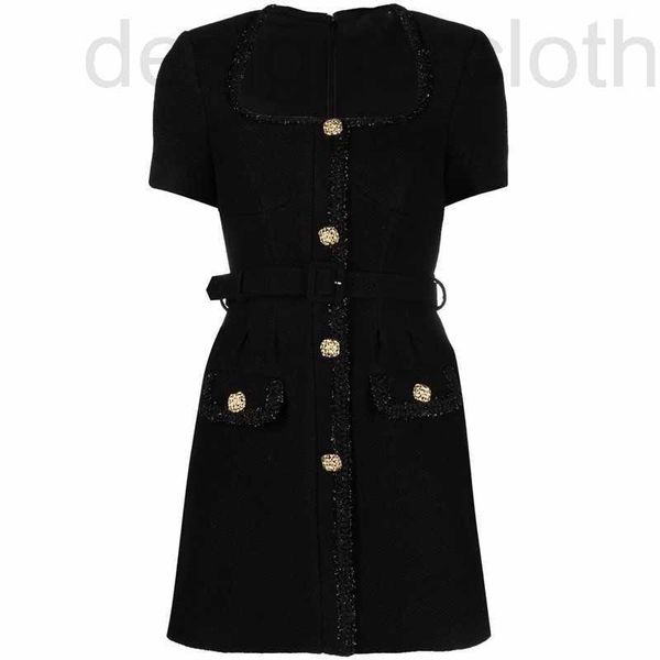 Vestidos casuais básicos designer de luxo primavera preto cor sólida cintura com cinto tweed vestido manga curta pescoço quadrado botões single-breasted marca mesmo estilo designer