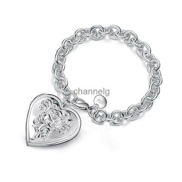 Catena vendita calda catena robusta argento sterling 925 braccialetto con medaglione foto fiore vintage braccialetti con goccia cuore regalo Pulsera San Valentino YQ231130