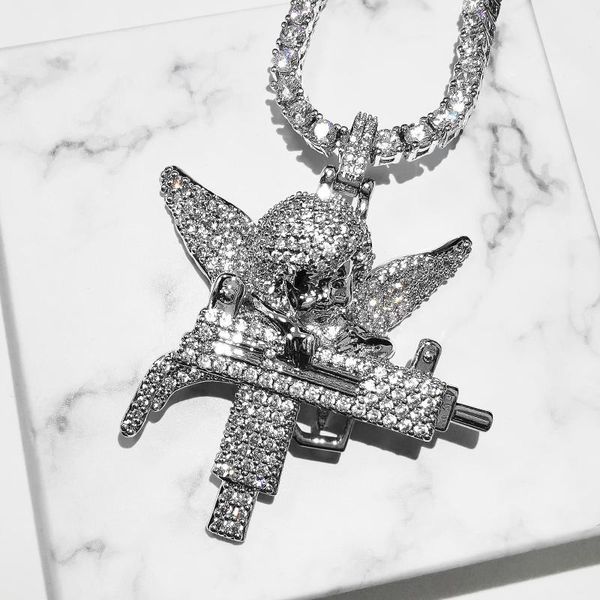 Colares pendentes Bling Guardian Angel Pingents for Men Cubic Zirconia Fashion Hip Hop Rapper Jóias