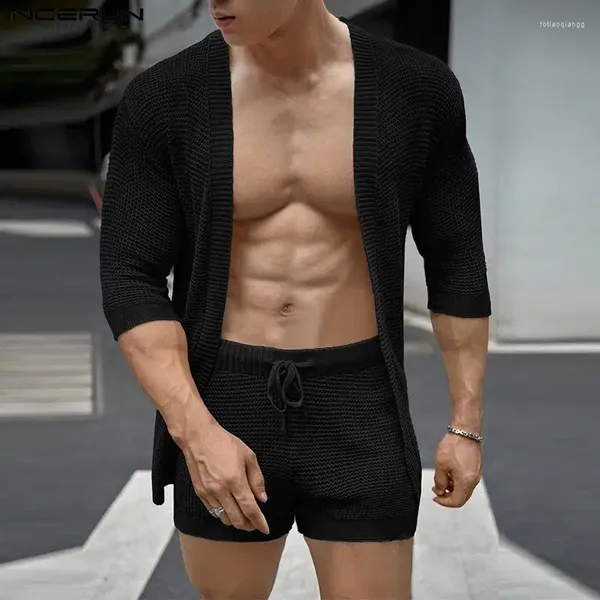 Fatos masculinos estilo coreano sexy conjuntos de manga média cardigan shorts moda casual oco sólido masculino duas peças S-5XL incerun 2023