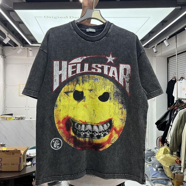 T-shirt da uomo Yellow Crack Ghost Skull Tooth Print Camicia in tessuto pesante Uomo Donna Streetwear T-shirt vintage Casual Distreesed Washed Tops