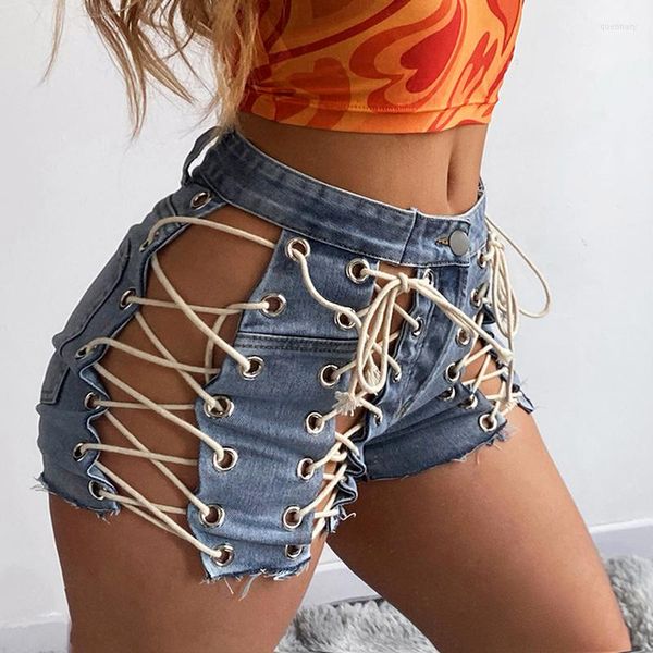 Damen Jeans Lace-up Short Make Old Cowgirl 2023 Sommer Hellblau Hohe Taille Legging Shorts Club Party Sport Denim