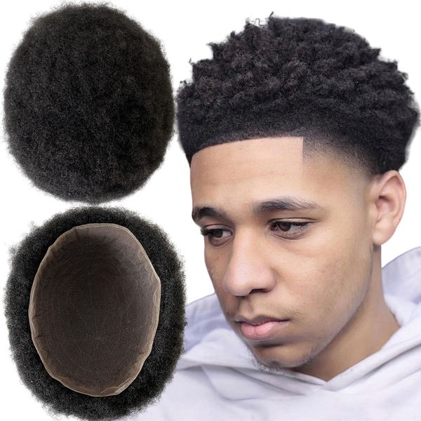 Pezzi di capelli umani vergini cinesi 1B # nero 4mm radice parrucca maschile afro 8x10 parrucchino pieno di pizzo svizzero per uomo nero