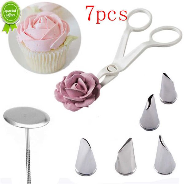 Neue 7 Teile / satz Blume Schere + Kuchenblech + 5 stücke Tulpen Rose Düse Nagel Dekor Heber Fondant Creme Transfer Backen Gebäck Küche