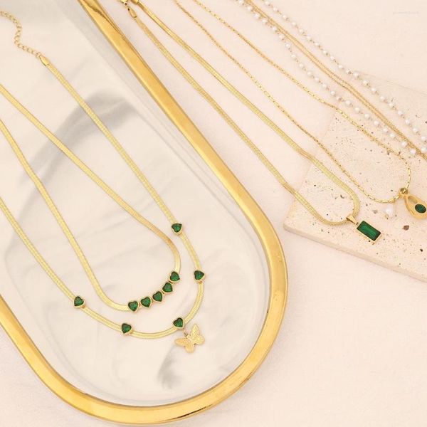 Colares de pingentes jóias de moda Colar de coração Emerald Aço inoxidável para mulheres