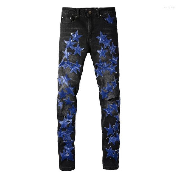 Herren Jeans Männer Blau Leder Stern Patches Stretch Denim Streetwear Skinny Tapered Hosen Loch zerrissene schwarze Hose