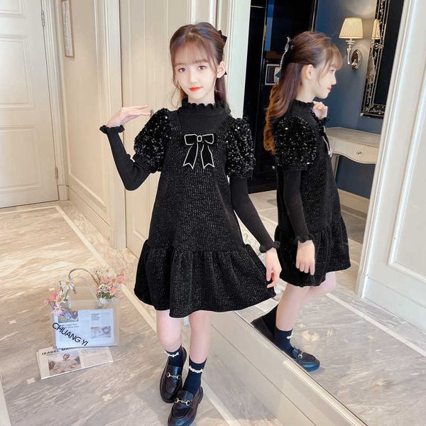 Mädchen Herbst Winter es Schwarz Pailletten Puff Ärmel Weste mit Schleife Rüschen Verdicken Prinzessin Kleid Für 3-12 jahre Baby Mädchen 0131