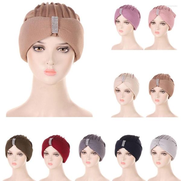 Roupas étnicas gorro de turbante muçulmano chapéu de cor sólida hijib Caps Mulheres baotou Cap Diamantes