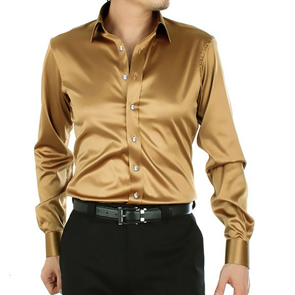 Camisas casuais masculinas homens luxuosos camisa de cetim de cetim de luxo Slim Fit Silk, como manga longa de picape de dança de dança de dança 230201