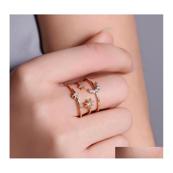 Band Rings Europe Fashion Jewelry Hollowed Three Stars Moon Ring Rhinstone Opening Drop Delivery Dhons