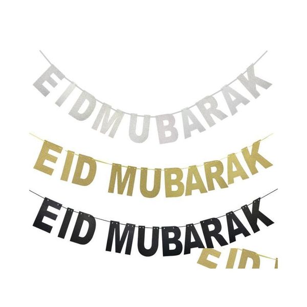 Decora￧￣o de festa Gold Sier Eid Banner Glitter Paper Garland Mubarak Festival Muslim Bunting Ramadan SN570 Party Drop Delivery Home Ga Dh1x6