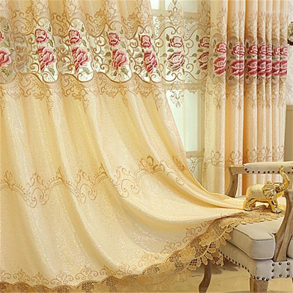 Tenda Tende di peonia ricamate gialle beige per la finestra del soggiorno della camera da letto Tulle di fascia alta di lusso pronto all'uso