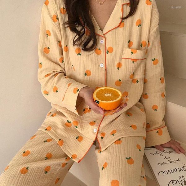 Damen-Nachtwäsche, Kawaii-Baumwolle, Heimanzug, koreanischer orangefarbener Druck-Pyjama, Damen-Herbst-Pijama-Pyjama, Langarm-Hosen, 2-teiliges Set, Nachtwäsche