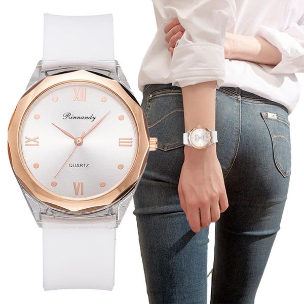 Armbanduhren Einfache transparente Kunststoff weiße Uhren Frauen Mode lässig Silikonarmband Damen Rom Zifferblatt weibliche QuarzuhrArmbanduhren