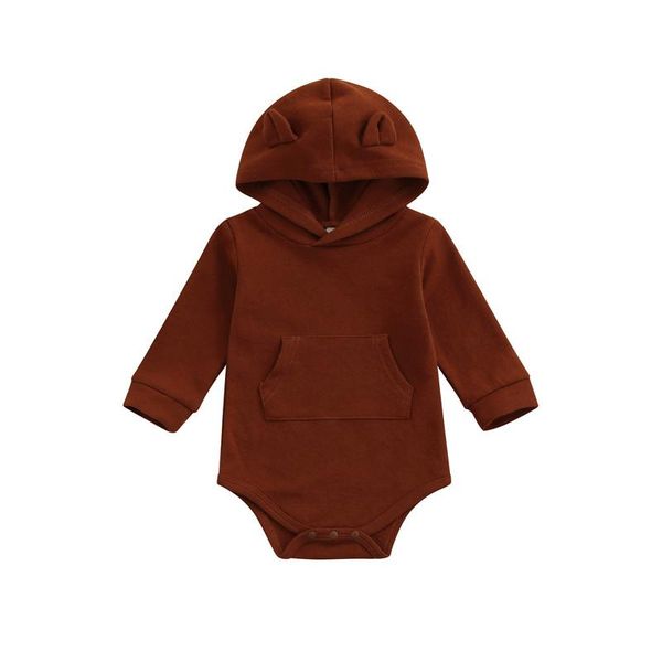 Rompers 0-18m Baby Boys Bodysuit Kids Solid Brown Macaco de capuz de manga longa com bolso para o macacão nascido na primavera