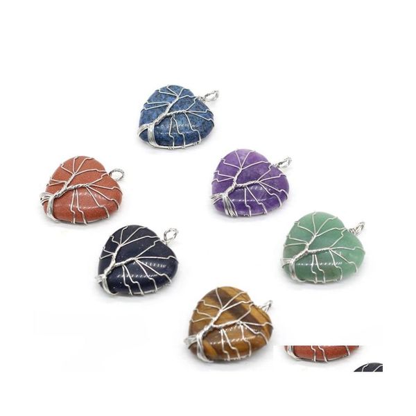 Charms de pedra natural ￁rvore de vida envolta Heart Quartz Pingente de cristal DIY Brincos de moda feminina J￳ias de moda 34 D3 Deli Deli DHW0P