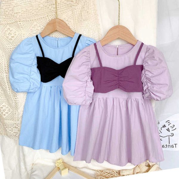 Mädchen es Sommer Mädchen gefälschte zweiteilige eingewickelte Brust Kurzarm süße Prinzessin Kleid koreanischen Stil Kinder Baby Kinder Kleidung 0131