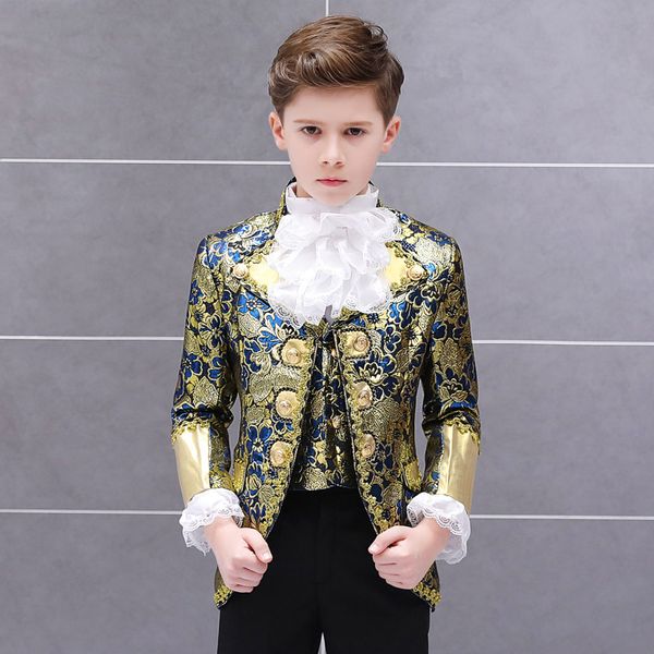 Anzüge Jungen Retro Europäische Gericht Kleidung Set Kind Prince Charming Drama Show Kleid Anzug Kinder Blazer Weste Hosen Kragen blume Outfit 230131