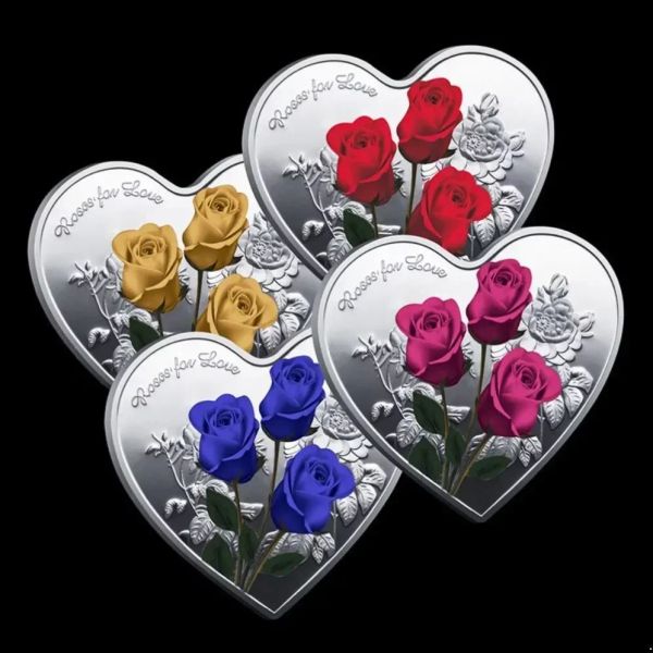 Sevgililer Kalp Şeklinde Gül Günü hediyesi metal hatıra paraları 52 Diller Seni Seviyorum Madalya Mücadelesi Para El Sanatları FY2672