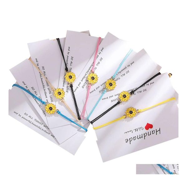 Charm Armbänder Wunschkarte Sonnenblume Geflochtenes Armband für Frauen Verstellbares Armband Seil Freundschaft Schmuck Drop Lieferung Otdld