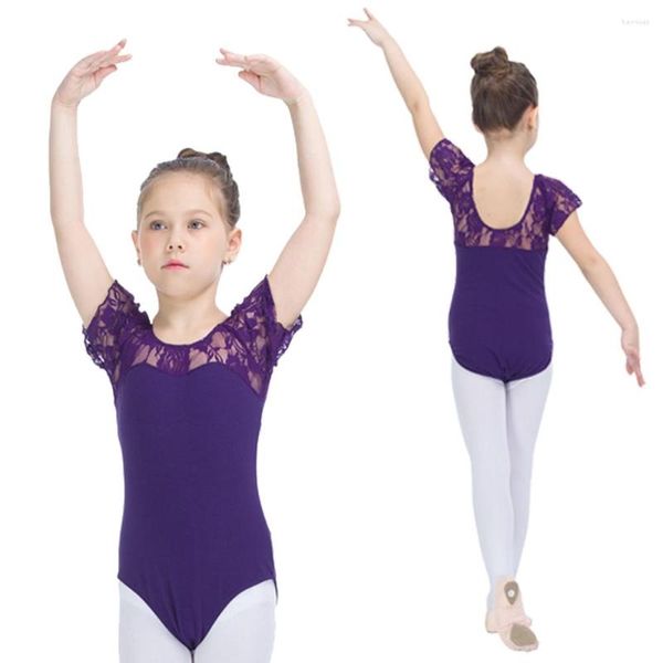 Bühnenkleidung Lila Ballett-Trikot aus Baumwolle/Lycra mit Spitze um die Schultern für Kinder-Mädchen-Übungs-Gymnastik-Body