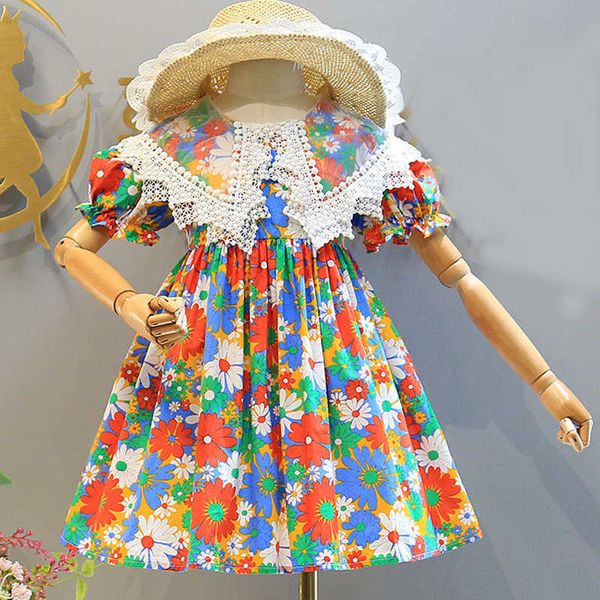 Girl's es no chapéu european estilo americano verão nova roupa infantil meninas bebês crianças princesas festa renda de lapela floral vestido 0131