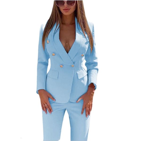 Calças de duas peças femininas Light Blue Ladies UIT Business Classic Buttons Brotedested Nine Blazer Conjunto Formal 230131