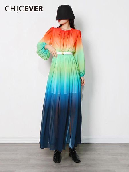 Abiti casual CHICEVER Abito Colorblock per le donne Girocollo Lanterna Manica lunga Vita alta Dimagrante Maxi Femmine 2023 Abbigliamento