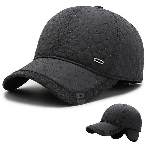 Caps de bola New Winter Men Hat's Hat de meia-idade e idosos Capinho de beisebol quente Inverno chapéu de beisebol plano com flaps de lã dentro da prova de vento G230201